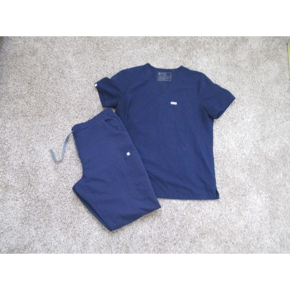 FIGS Technical Collection Scrub Set Top & Pants M Blue Solid Polyester Blend
